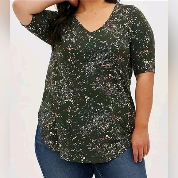 Torrid Olive Green V-neck Splatter Top EUC - Picture 1 of 8